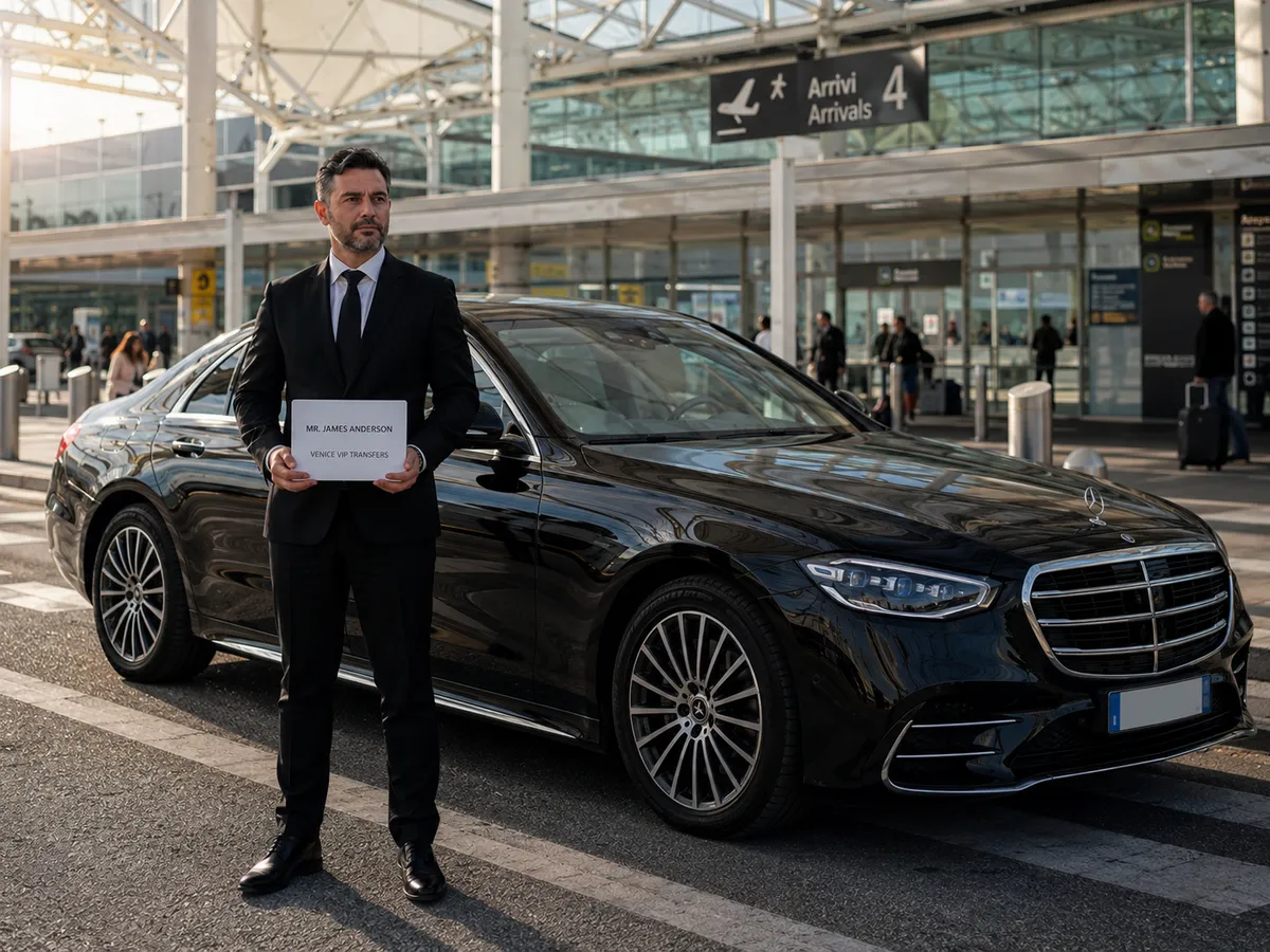 Autista privato con cartello di benvenuto accanto a una berlina Mercedes davanti all'aeroporto