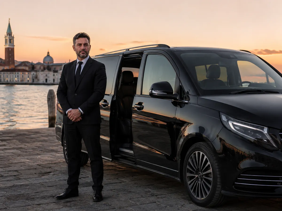 Autista privato in abito scuro accanto al van Mercedes con la laguna di Venezia al tramonto