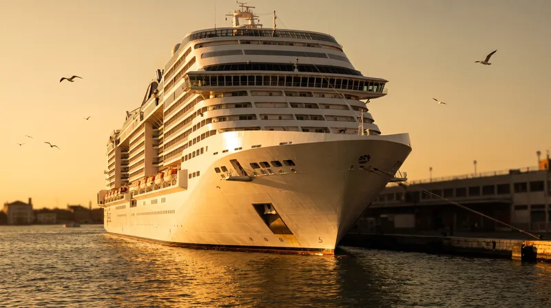 Nave da crociera ormeggiata al terminal crociere di Venezia al tramonto