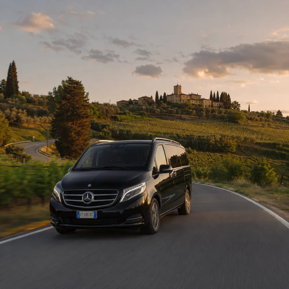 Van Mercedes nero in viaggio su una strada panoramica tra le colline