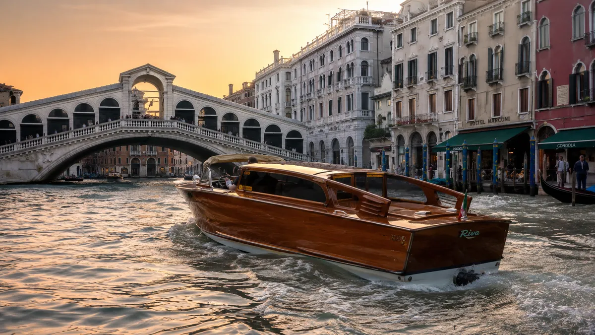 Water taxi in legno naviga nel Canal Grande davanti al Ponte di Rialto a Venezia